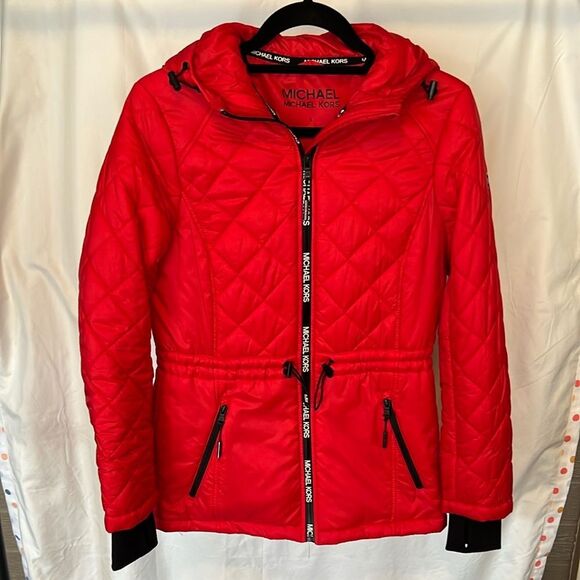 Michael Kors Red Hooded Puffer Down Winter Jacket With Diamond Quilting - Picture 1 of 8